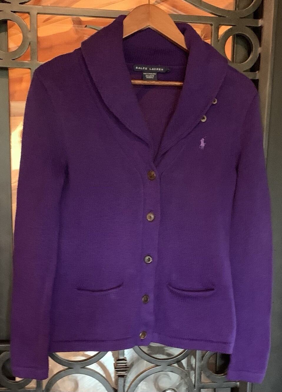 Ralph Lauren Purple Shawl Collar Cardigan Sweater 100% Cotton Womens S